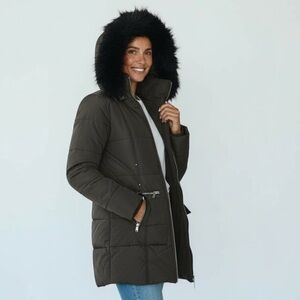Jones New York Dark Brown Puffer Coat with Faux Fur Hood